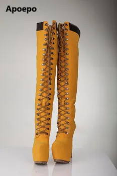 Apoepo prekės geltona batai moterims, žiemą per kelius siekiantys batai kirsti-susieta gladiatorių jojimo batai aukštakulniai platformos batai ponios
