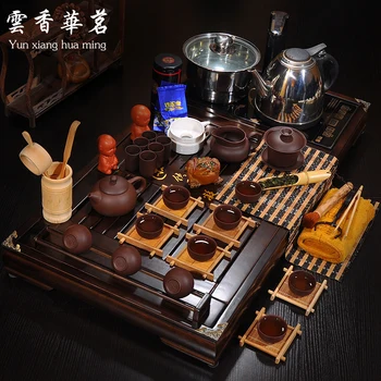 Arbatos rinkinys Ruyao keramikos ledo plyšių violetinė arenaceous kung fu arbatos puodeliai Indukcinės viryklės medžio masyvo arbatos dėklas arbatos ceremonija