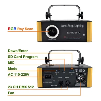 AUCD 500mW RGB Lazeris Mažų SD Kortelės Programos DMX Animacija Projektorius Scenos Apšvietimas PRO DJ Šou Skaitytuvas Šviesos SD-RGB500