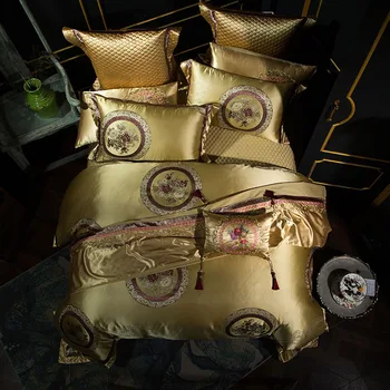 Aukso, Sidabro Raudona Prabangių Vestuvių Royal Patalynės komplektai Karalienė King size Siuvinėjimo, Šilko Satino Bohemijos Antklode padengti paklode komplektas