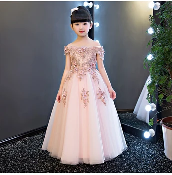 Aukštos klasės Mergaičių Shoulderless Ilgai Gėlių Vestuvių Suknelė Vaikams, Kūdikių Prabangos Šalis Princess Gimtadienio Suknelė Pirmos Komunijos Suknelė