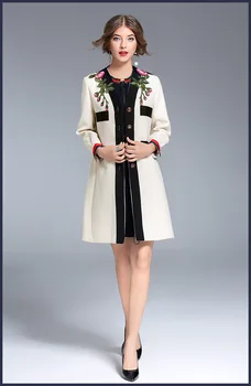 Aukštos kokybės gėlių siuvinėti vilnonis paltas Mados 2017 M. Rudens/žiemos moters elegantiškas vilnos paltai S-XL dydžio parinktis