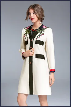 Aukštos kokybės gėlių siuvinėti vilnonis paltas Mados 2017 M. Rudens/žiemos moters elegantiškas vilnos paltai S-XL dydžio parinktis