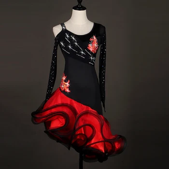 Aukštos Kokybės lotynų Šokių Suknelės Damoms Juodos Raudonos Spalvos S-XXL Dydžio, ilgomis Rankovėmis Sijonas Dėvėti Moterims Šokių Suknelė Drabužių 11020