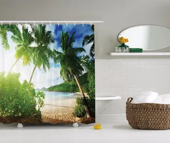Aukštos Kokybės Meno Dušo Užuolaidos Beach paplūdimys, palmių saulėlydžio žalia lapų Vonios kambarys Dekoratyvinis Šiuolaikinės Vandeniui dušo užuolaidos