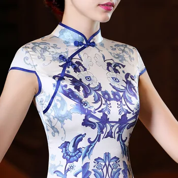 Aukštos Kokybės Moterų, Vasaros Trumpos Retro Kinų Tradicinė Suknelė Plonas Gėlių Qipao Šilko Cheongsam Moteriška Šalis Vakarinę Suknelę 18