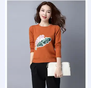 Aukštos kokybės ponios korėjos stiliaus kašmyro megztinis rudenį & žiemos naujas mados lapų modelio o-kaklo storas megztinis (puloveris)