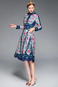 Aukštos kokybės prekės ženklo dizainas gėlių spausdinti atvartas vintage suknelė 2018 m. pavasarį ilgomis rankovėmis elegantiška suknelė Plius dydis 3XL marškinėliai suknelė