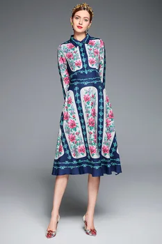 Aukštos kokybės prekės ženklo dizainas gėlių spausdinti atvartas vintage suknelė 2018 m. pavasarį ilgomis rankovėmis elegantiška suknelė Plius dydis 3XL marškinėliai suknelė