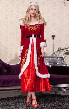 Aukštos kokybės Raudonos spalvos ilgomis Rankovėmis Baltu kailiu Kalėdų Dress Kalėdos Raudona apranga Suaugusių Moterų Kalėdų Senelio Kostiumai