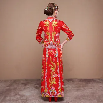 Aukštos Kokybės Spalvingas Derliaus Cheongsam Qipao Grosgrain Tradicinės Kinų Vestuvių Suknelė Raudona Kinų Kantono Siuvinėjimo Dizainas