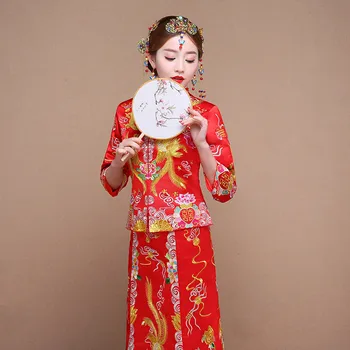 Aukštos Kokybės Spalvingas Derliaus Cheongsam Qipao Grosgrain Tradicinės Kinų Vestuvių Suknelė Raudona Kinų Kantono Siuvinėjimo Dizainas