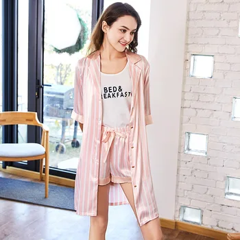 Aukštos kokybės šilko-pavyzdžiui, pavasarį moterys sleepwear 3pcs pižama rinkiniai Dirbtiniais Šilko namų drabužių vidurio-rankovės ilgos viršūnes, šortai, liemenės pijamas