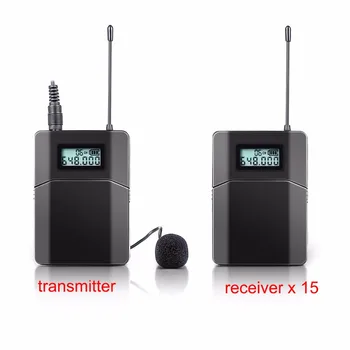 Aukščiausios Kokybės UHF Belaidžio gido sistema balso prietaiso mokymo siųstuvas ir imtuvas 15 Imtuvai, 1 Siųstuvas Su Mic