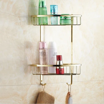 Aukščiausios kokybės žalvario, aukso, du kartus pakopas vonios Kampe lentynos su skraiste, kablys krepšelio laikiklis vonios kambarys muilo laikiklį vonios šampūnas lentynos