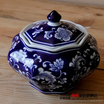 Aštuoniakampis bakas mėlynos mėlynos ir baltos porcelianinės Jingde zhen keramikos bako apdaila, arbata, užkandžiai bakas