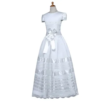 Balta 2018 Gėlių mergaičių Suknelės Vestuvėms-line Bžūp Rankovėmis ir Nėrinių Lankas Perlai, Pirmosios Komunijos Suknelės Mergaitės