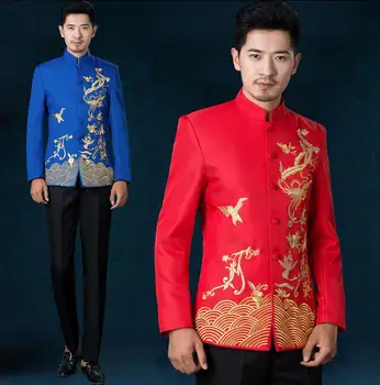 Balta juoda raudona mėlyna 2018 naują atvykimo išsiuvinėti vyrų kinijos tunika kostiumas nustatyti mens kostiumai, vestuvių jaunikis oficialų suknelė, kostiumas