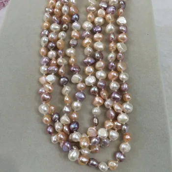 Baltos, rausvos, violetinės originali natūralių gėlavandenių perlų vėrinį 7-8mm baroko 50
