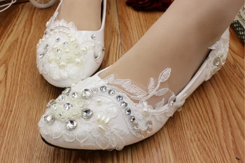 Baltos spalvos nėrinių juostos vestuvių bateliai moteris individualų HS069 low-med-high heels seksualus asimetriškas dizainas nuotakų vestuvių batai