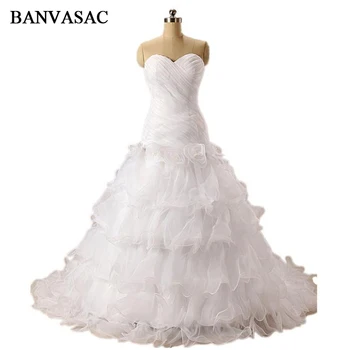 BANVASAC 2017 Nauja Linija, Prabangūs Klostyti Brangioji Vestuvių Suknelės Rankovių Satino Valymo Traukinio Nėrinių Vestuvinės Suknelės
