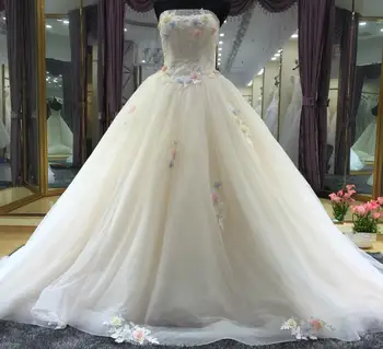 BANVASAC 2017 Naujas Elegantiškas Gėlių Stebėjimo Vestuvių Suknelės, Siuvinėjimo Lentjuostės Rankovių Satino Koplyčia Traukinys Nuotakos Kamuolys Chalatai