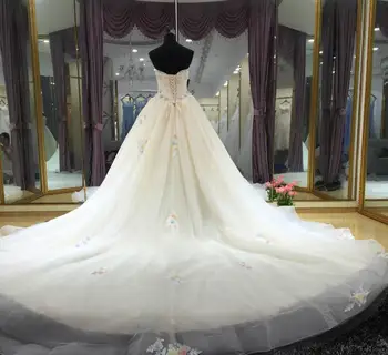 BANVASAC 2017 Naujas Elegantiškas Gėlių Stebėjimo Vestuvių Suknelės, Siuvinėjimo Lentjuostės Rankovių Satino Koplyčia Traukinys Nuotakos Kamuolys Chalatai