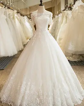 BANVASAC 2017 Naujas Elegantiškas Siuvinėjimo Valtis Kaklo Vestuvių Suknelės Pusė Bžūp Rankovėmis Satino Nėriniais Nuotakos Kamuolys Chalatai