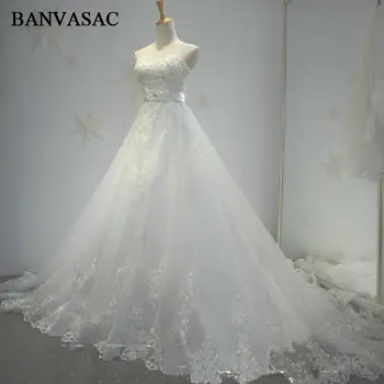 BANVASAC 2017 Naujas Kristalai Stebėjimo Vestuvių Suknelės Rankovių Varčios Siuvinėjimo Lentjuostės Teismas Traukinio Satino Nuotakos Kamuolys Chalatai