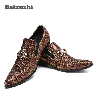 Batzuzhi Prabangūs vyriški Batai Pažymėjo Tne Rudos Odos Suknelė, Batai italų Dizainerio Oxfords Blizgučiai Bling Šalis, kilimo ir tūpimo Tako Batai