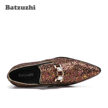 Batzuzhi Prabangūs vyriški Batai Pažymėjo Tne Rudos Odos Suknelė, Batai italų Dizainerio Oxfords Blizgučiai Bling Šalis, kilimo ir tūpimo Tako Batai