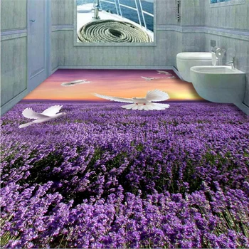 Beibehang 3d vandeniui atsparus nusidėvėjimui atsparaus PVC grindų dažymas gražus levandų balti balandžiai vonios kambarį 3D grindų