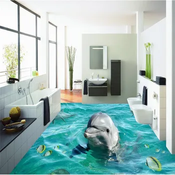 Beibehang Pasirinktinius nuotraukų grindų 3D stereo delfinų vandenyno vonios kambarys freskos PVC tapetai lipnios sienų apdaila