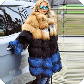 BFFUR Prabangūs Naujos Atvykti Pliaupti Visą Fox Fur Coat Lapių Kailio Striukė Šilta Parkas 