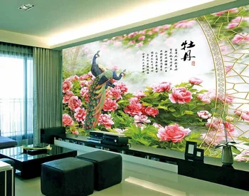 Bijūnų 3d walllaper gėlės 3d tapetai, TV foną gyvenamasis kambarys sofos, freskos fone