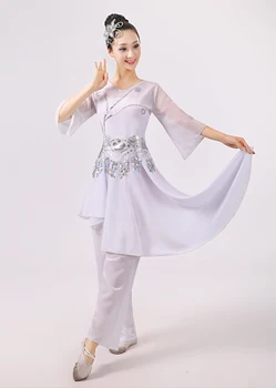 Blizgučiai Šokių Kostiumas Kinijos Liaudies Kostiumas Moteriška Balta Yangko Kostiumas 2 Vnt Nacionalinės Skėtinės Šokių Drabužiai