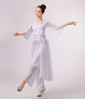 Blizgučiai Šokių Kostiumas Kinijos Liaudies Kostiumas Moteriška Balta Yangko Kostiumas 2 Vnt Nacionalinės Skėtinės Šokių Drabužiai