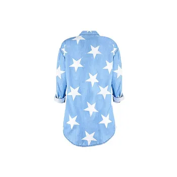 Blue Star Spausdinti Moterų Džinsinio Marškinėliai Nelaimę Nesimetriškas Shirttail Hem Viršūnes Palaidinės Pasukite Žemyn Apykaklės Ilgomis Rankovėmis Atsitiktinis Roupas
