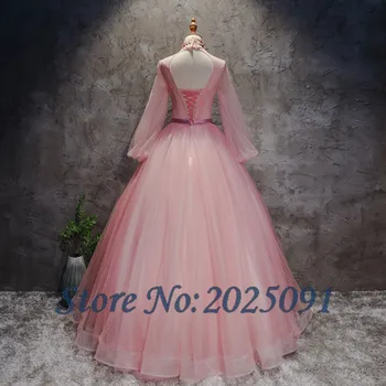 Blus Pink Aukštis Kaklo Quinceanera Suknelės 2018 M Ilgio Rankovės Siuvinėjimas Maskuotis Kamuolys Suknelė Saldus 16 Suknelė Vestidos De Anos 15