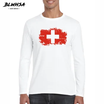 BLWHSA Klasikinis Vyrų marškinėliai ilgomis Rankovėmis, O ant Kaklo Šveicarijos Vėliava Vyrų T-shirt Medvilnės Fitneso Šveicarija Gerbėjai Tees Viršūnes Plius Dydis