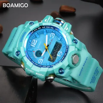 BOAMIGO prekės ženklo moterims laikrodžius dviem valiutomis, sporto laikrodžiai mados ponios LED Skaitmeninis riešo laikrodžiai mėlyna 30m atsparus vandeniui laikrodis