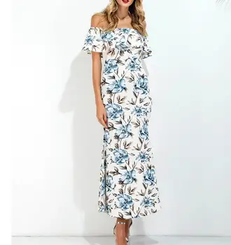 Boho gėlių spausdinti padalinta ilga suknelė Moterų paplūdimio vasarą nuo Peties kimono seksuali suknelė Elegantiškas velniop kaklo maxi suknelės S XL