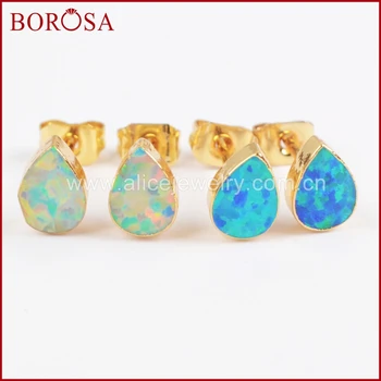 BOROSA 5Pairs Naujo Stiliaus Aukso Spalvos Ašaros White Blue Opal Stud Auskarai Japonijos Opal Auskarai Moterų, Mergaičių Papuošalai G1418