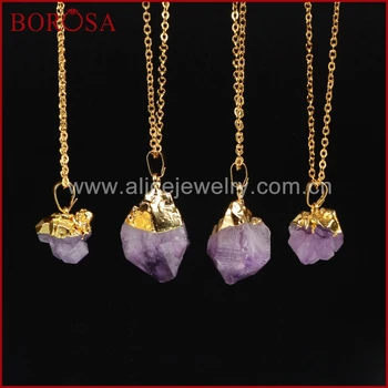 BOROSA Aukso Spalvos Laisvos formos Gamtos Violetinė Crystal Briaunotas Taško Pakabukas Rutuliukų Karoliai WX018-N
