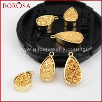 BOROSA Teardrop Gold Color Bezel Natural Crystal Titanium Gold Drusy Charm Pendant for Earrings Necklace DIY Jewelry ZG0143