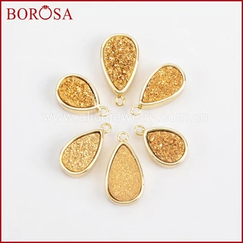 BOROSA Teardrop Gold Color Bezel Natural Crystal Titanium Gold Drusy Charm Pendant for Earrings Necklace DIY Jewelry ZG0143
