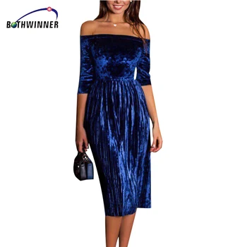 Bothwinner Rudens Dress 2017 Moterų Sexy Off Peties Šalis Suknelės, Elegantiški Tamsiai Mėlynos Atsitiktinis Vintage Suknelė Vestidos