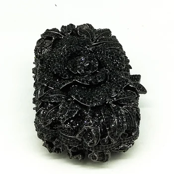 Boutique De FGG Klasikinės Juodos Jet Kristalų Sankabos Vakarą Krepšys Moterims Metalo Gėlių Sankabos Vestuves Gėlių Rankinės, Piniginės
