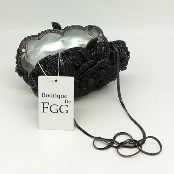 Boutique De FGG Klasikinės Juodos Jet Kristalų Sankabos Vakarą Krepšys Moterims Metalo Gėlių Sankabos Vestuves Gėlių Rankinės, Piniginės