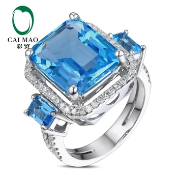CaiMao 18KT/750 Balto Aukso 7.6 ct Gamtos Mėlynas Topazas & 0.34 ct Visiškai Iškirpti Deimantų Vestuvinis Brangakmenio Žiedas Papuošalai